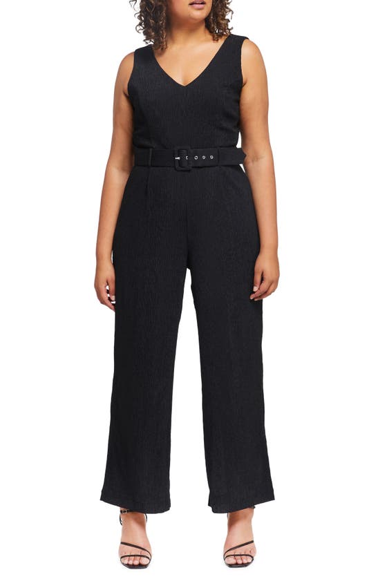 Estelle Malo Crinkle Belted Jumpsuit In Black