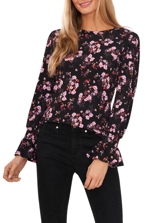 CeCe Floral Long Sleeve Ruffle Cuff Blouse in Rich Black
