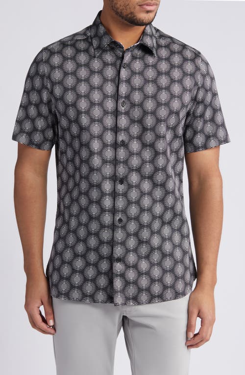 Pearsho Slim Fit Print Short Sleeve Stretch Cotton Button-Up Shirt in Black