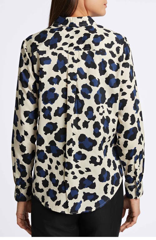 Foxcroft Charlie Leopard Print Cotton Button-up Shirt In Pacific Blue Mu