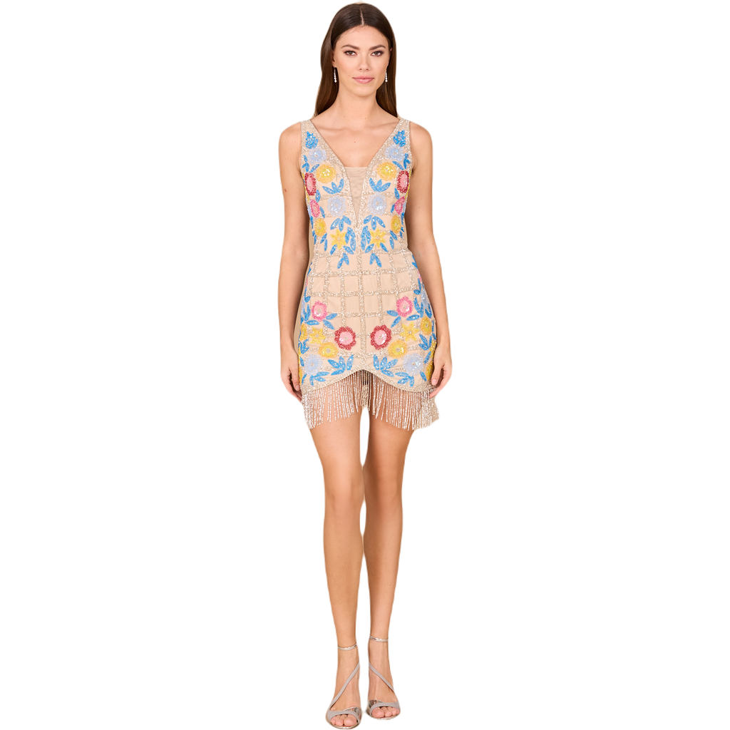 Lara New York Floral Beaded Cocktail Fringe Dress In Nude/multi