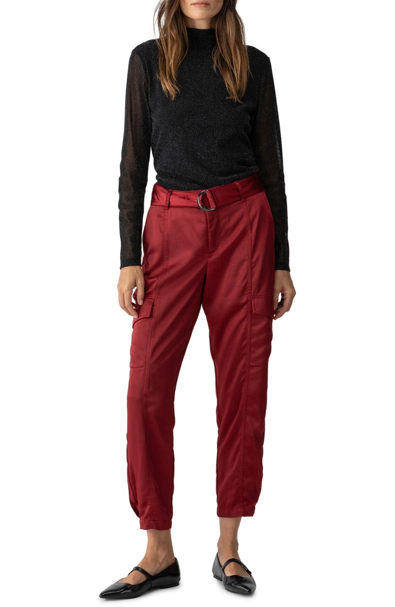 Sanctuary Belted Satin Cargo Pants, Alternate, color, Garnet