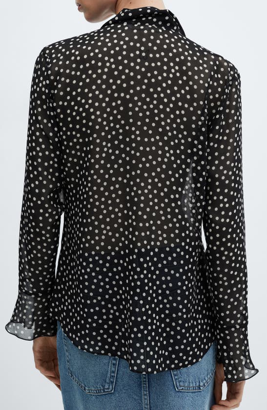 Mango Polka Dot Ruffle Semisheer Long Sleeve Blouse In Black