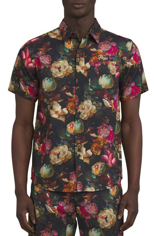 PRPS Gold Finch Floral Short Sleeve Cotton Button-Up Shirt in Black 