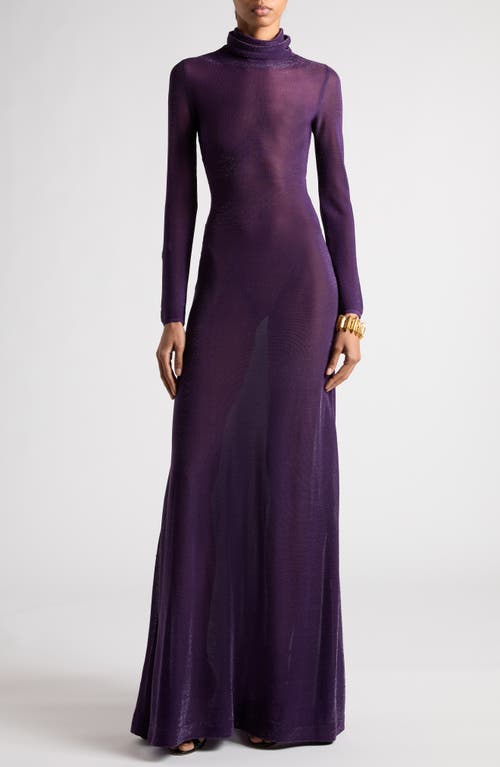 Shop Tom Ford Metallic Sheer Long Sleeve Turtleneck Silk Blend Dress In Violet Indigo