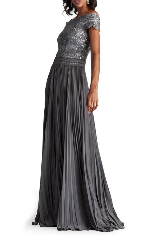 Tadashi Shoji Plus Size Off-shoulder Pleated Sequin Lace Gown In Mist