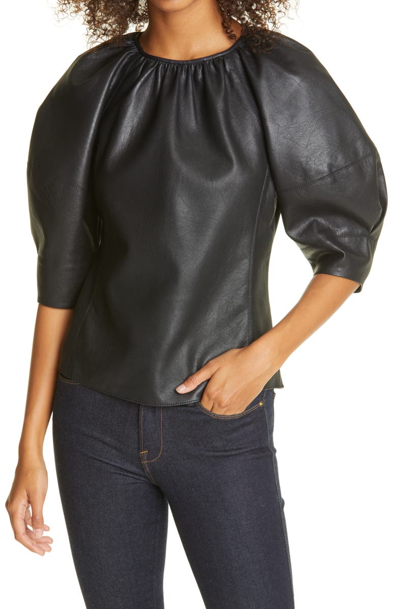 Rebecca Taylor Faux Leather Puff Sleeve Blouse, Main, color, 