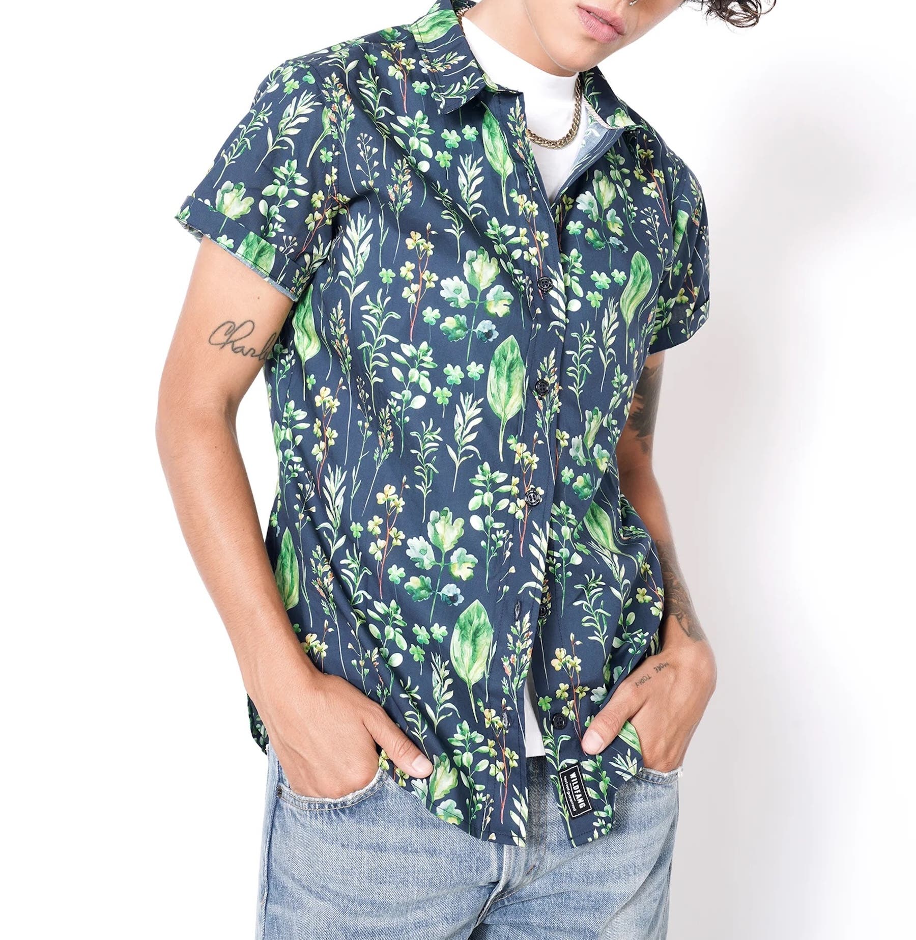 WILDFANG The Essential Button Up in Leaf Navy Cover