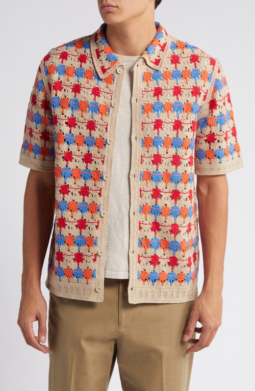 Porto Crochet Short Sleeve Button-Up Shirt in Beige Multi