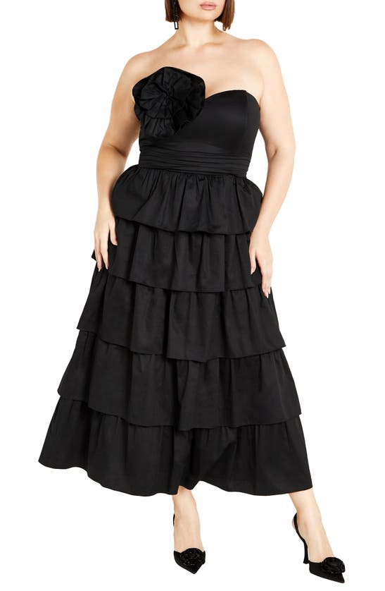 City Chic Rosa Rosette Tiered Ruffle Midi Dress In Black