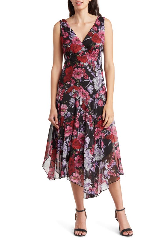 Connected Apparel Floral Chiffon Handkerchief Hem Midi Dress In Black/ Fuschia