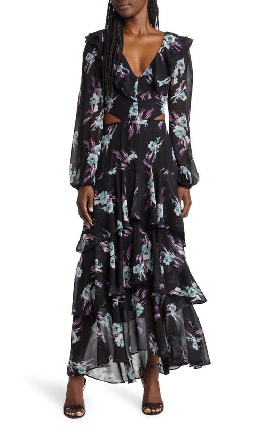 wayf tiered midi dress Wayf Tiered Cutout Long Sleeve Cocktail Midi Dress In Black Floral