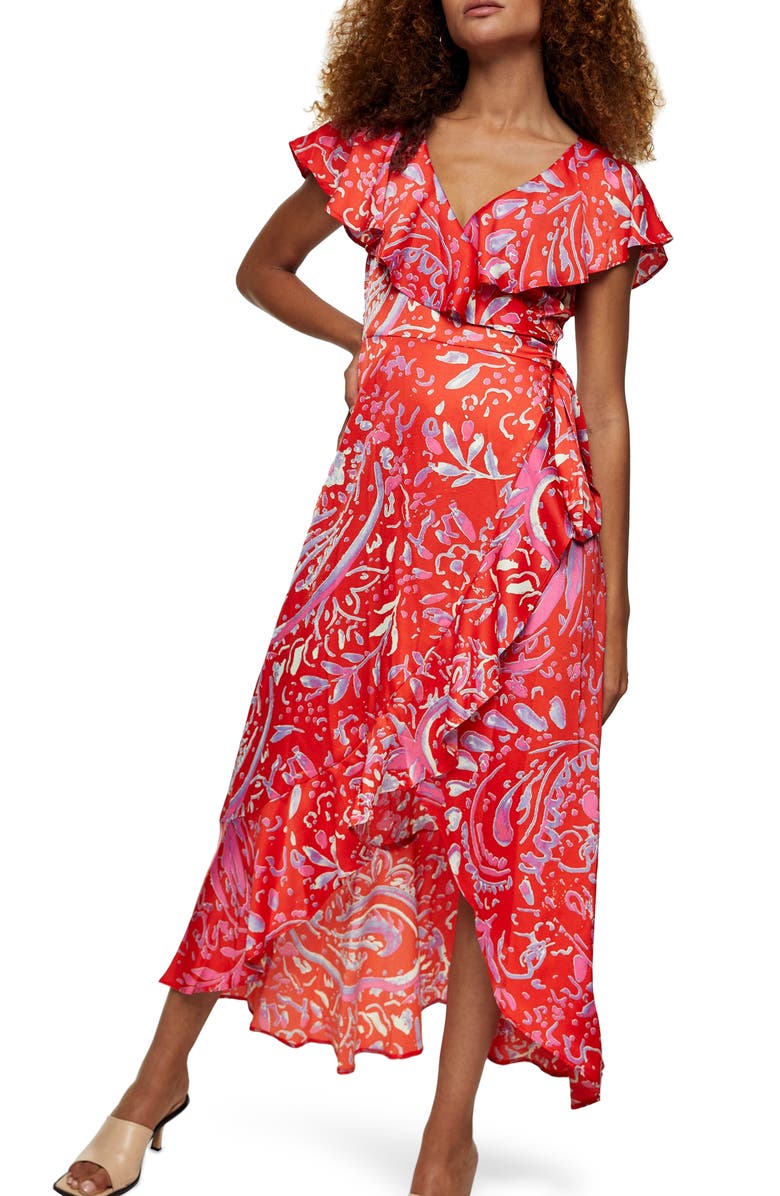 TOPSHOP Satin Ruffle Wrap High/Low Dress, Main, color, RED MULTI