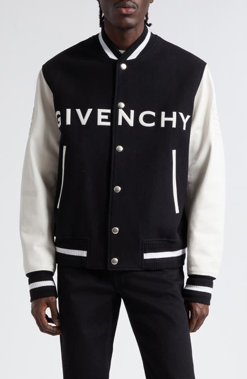 Embroidered Logo Mixed Media Leather & Wool Blend Varsity Jacket in Black/White