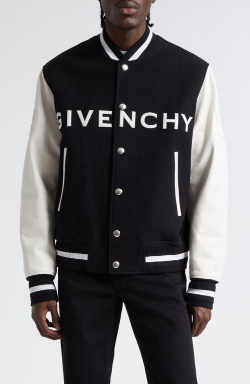 Shop Givenchy Embroidered Logo Mixed Media Leather & Wool Blend Varsity Jacket In Black/white