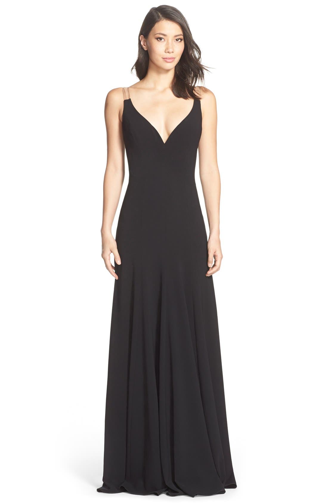 vera wang long v neck crepe gown