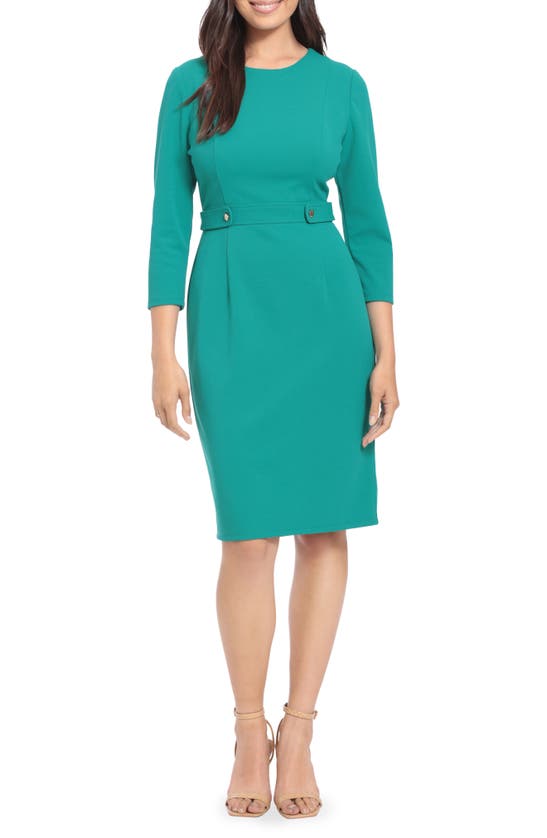 LONDON TIMES BUTTON WAIST 3/4 SLEEVE SHEATH DRESS