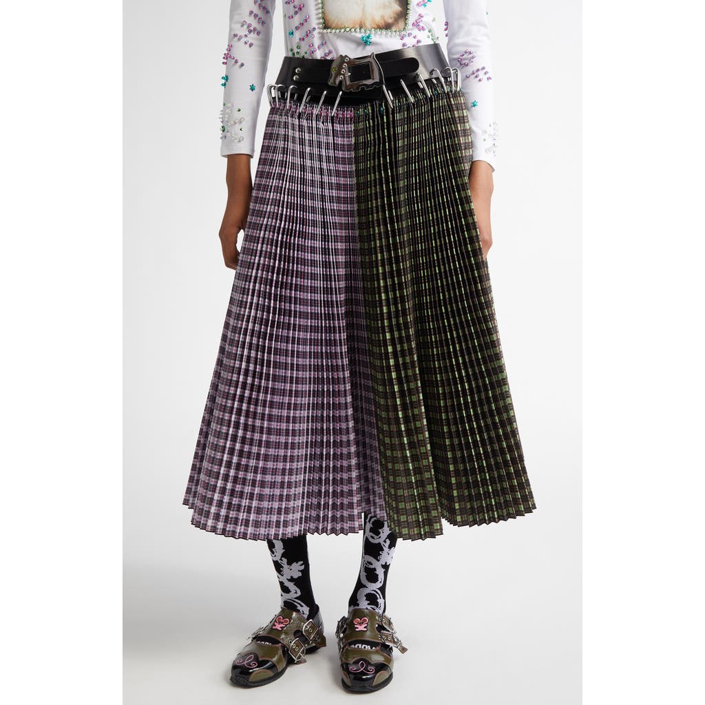 Chopova Lowena Catherine Mixed Plaid Pleated Carabiner Midi Skirt in Green And Pink Tartan