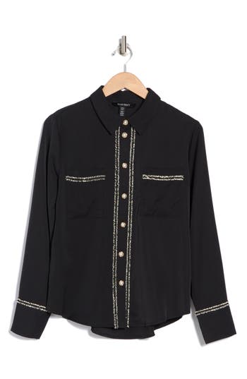 Ellen Tracy Tweed Trim Long Sleeve Button-up Shirt In Black