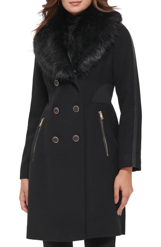 Guess Faux Fur Shawl Collar Wool Blend Coat In Black