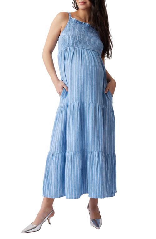 ® Ingrid & Isabel Smocked Linen Blend Maternity Maxi Dress in Blue/White Stripe