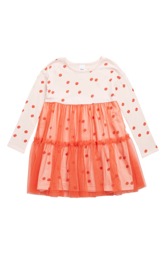 Open Edit Kids' Tiered Mesh Overlay Long Sleeve Dress In Pink Dogwood Marker Dots- Red