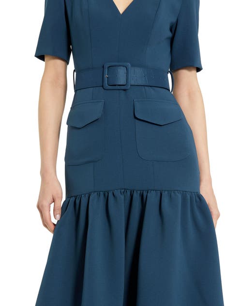 Shop Mac Duggal Crepe 3/4 Sleeve Belted And Pocketed Midi Dress In Deep Blue