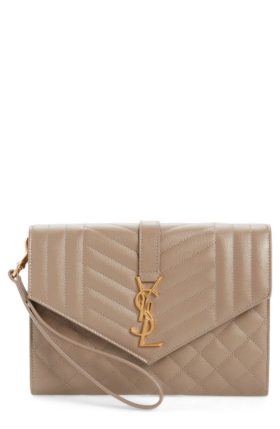 Saint Laurent Ysl Monogram Quilted Envelope Clutch Bag In Grey Brown