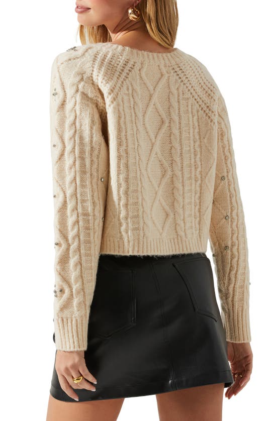 Astr Madison Rhinestone Cable Stitch Crop Sweater In Cream