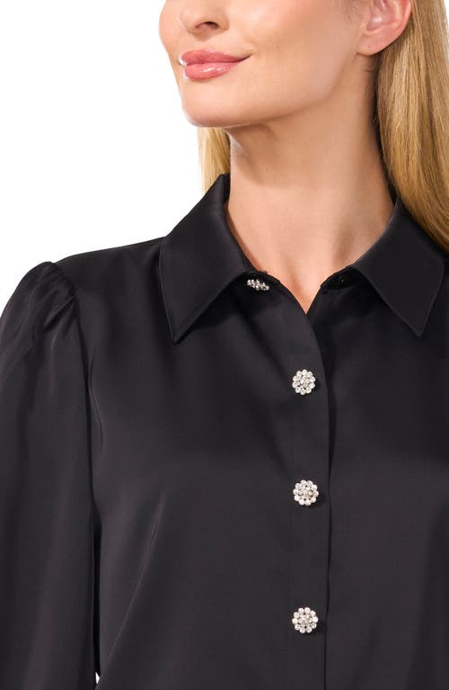 Cece Long Sleeve Blouse With Rhinestone Buttons & Exaggerated Collar In Rich Black