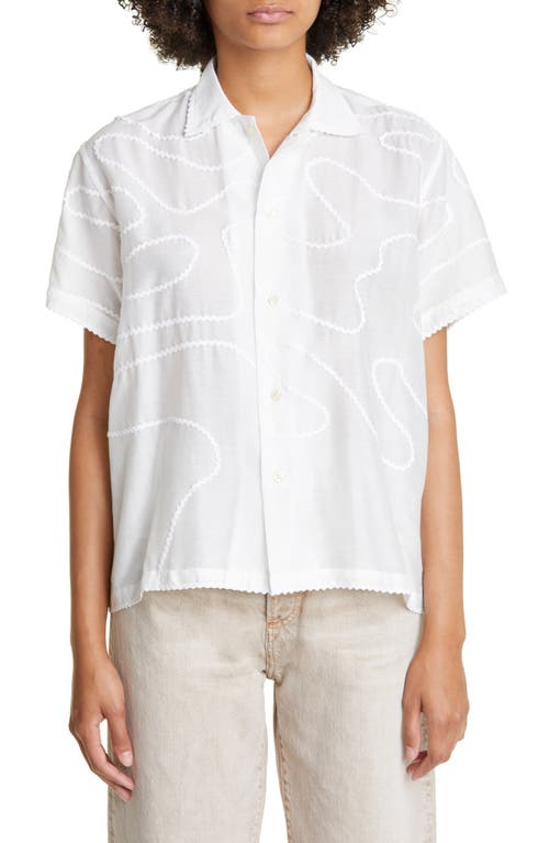 Bode Rickrack Appliqué Short Sleeve Cotton & Silk Button-Up Shirt in White