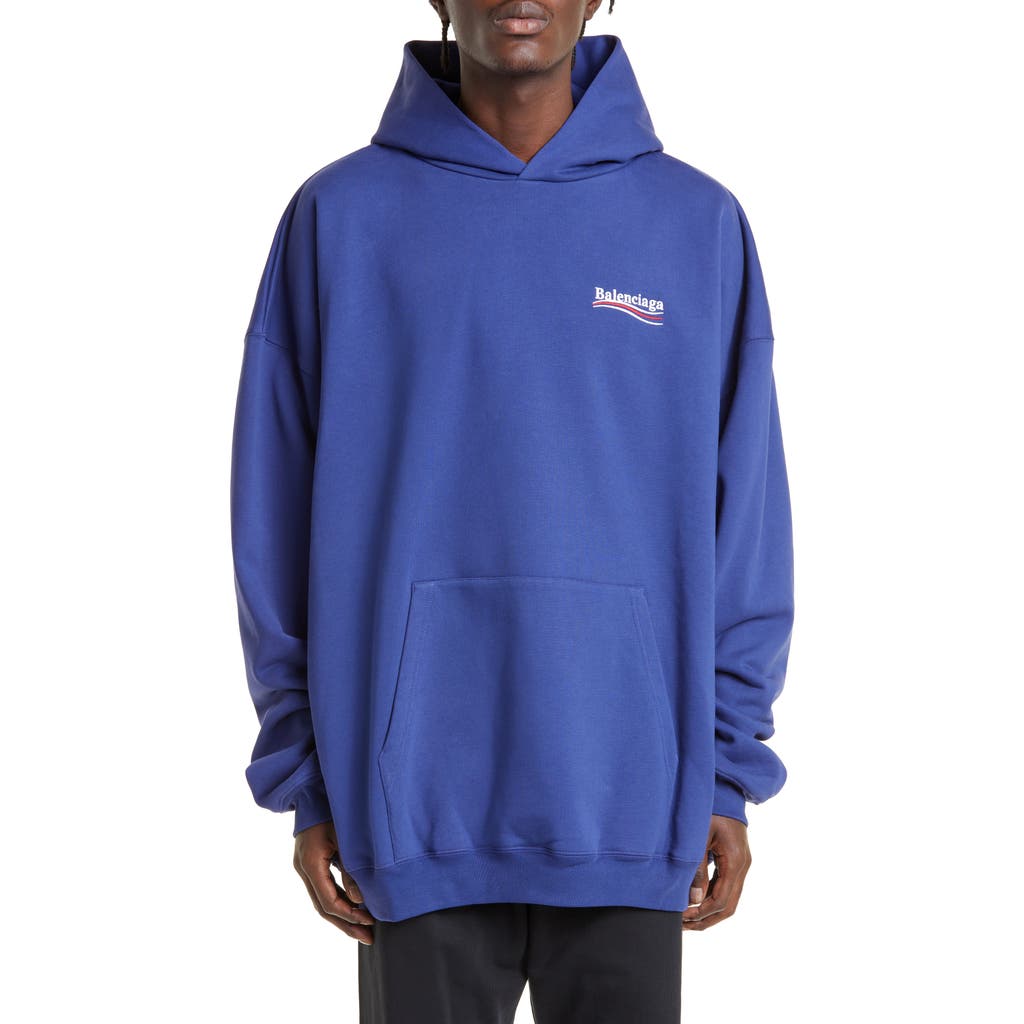 Balenciaga ' Campaign Embroidered Logo Oversize Cotton Hoodie In Pacific Blue/white