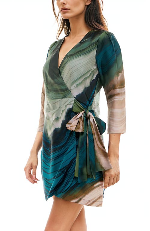 Shop Socialite Stripe Long Sleeve Satin Wrap Dress In Olive/teal