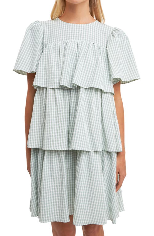 English Factory Gingham Print Tiered Dress In Green/white