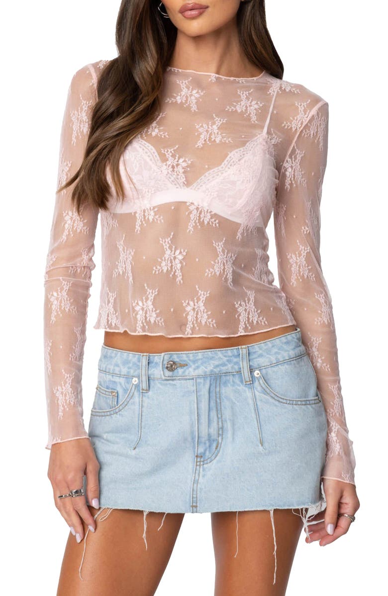 EDIKTED LIse Sheer Floral Lace Top, Main, color, Light-Pink