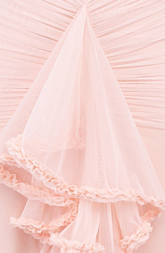 Shop House Of Cb Gabriella Keyhole & Ruffle Mesh Body-con Gown In Soft Peach