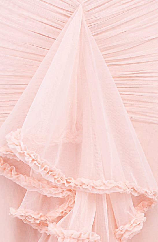 House Of Cb Gabriella Keyhole & Ruffle Mesh Body-con Gown In Soft Peach