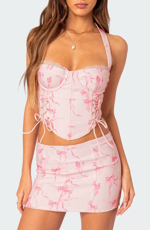 EDIKTED Makayla Print Lace-Up Crop Halter Top Light-Pink at Nordstrom,