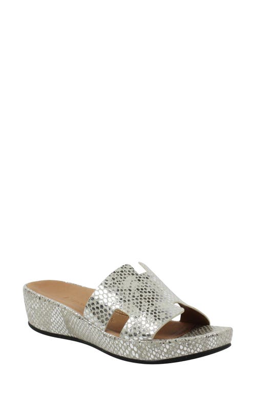 L'Amour des Pieds Catiana Wedge Slide Sandal in Silver/gold Snake Print
