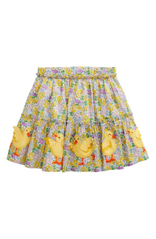 Mini Boden Kids' Floral Duckling Appliqué Tiered Cotton Skirt in Yellow Spring Bloom Chicks 