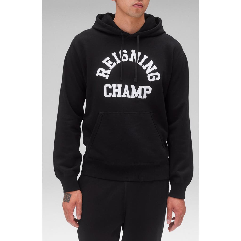 Reigning Champ Arch Logo Midweight Cotton French Terry Hoodie in Black