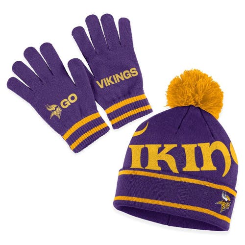 Women's WEAR by Erin Andrews Purple Minnesota Vikings Double Jacquard Cuffed Knit Hat with Pom and Gloves Set