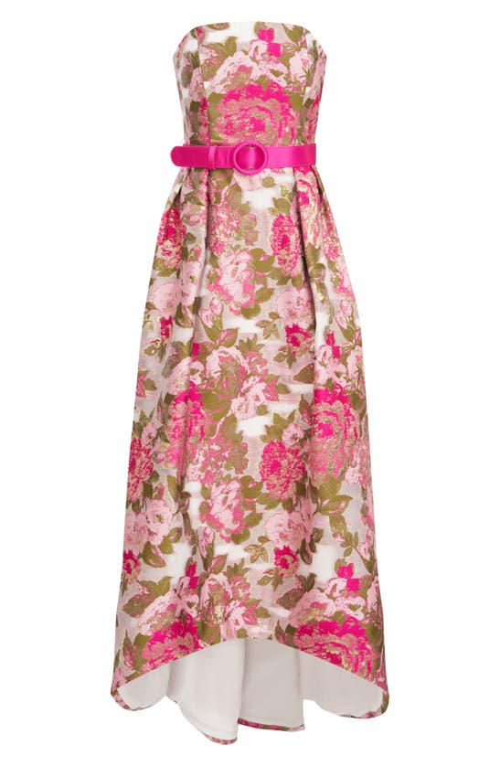 Kay Unger Bella Floral Jacquard Metallic Belted High-low Gown In Wild Raspberry