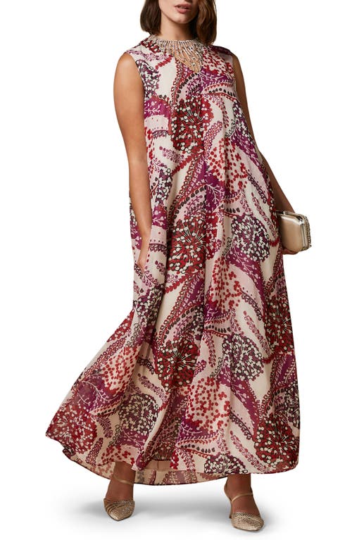 Abstract Floral Sleeveless Silk Georgette Maxi Dress in Beige