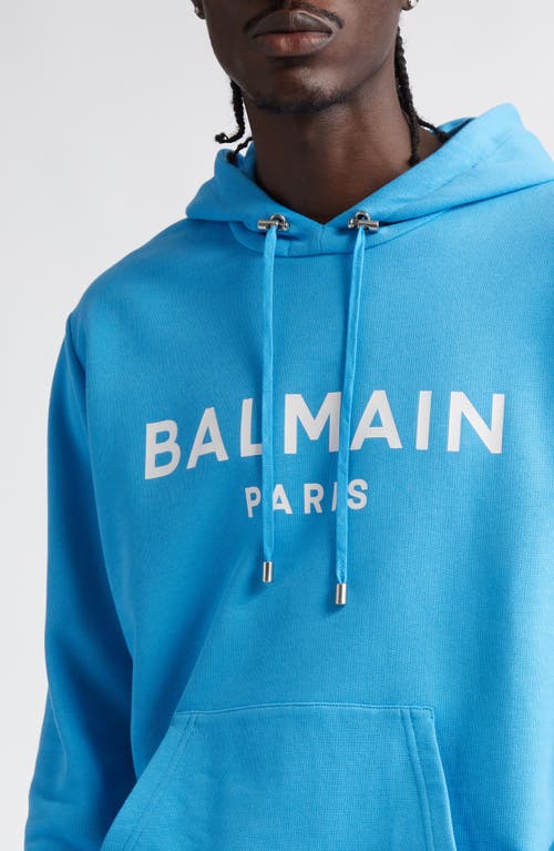 Shop Balmain Organic Cotton Logo Graphic Hoodie In Sme Sky Blue/white