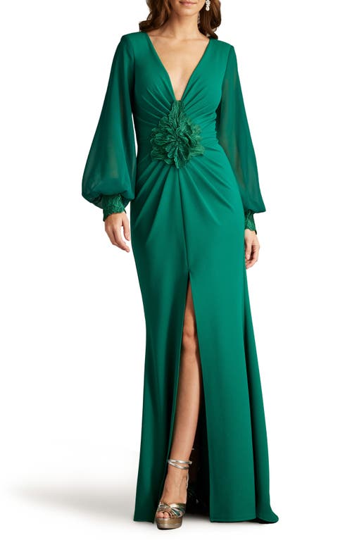 Shop Tadashi Shoji Floral Detail Long Sleeve Crepe Chiffon Gown In Emerald