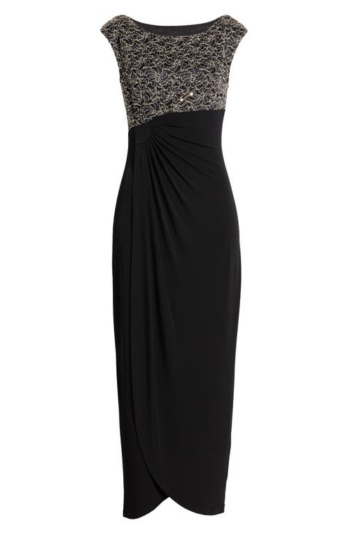 Shop Connected Apparel Lace Faux Wrap Gown In Black/gold