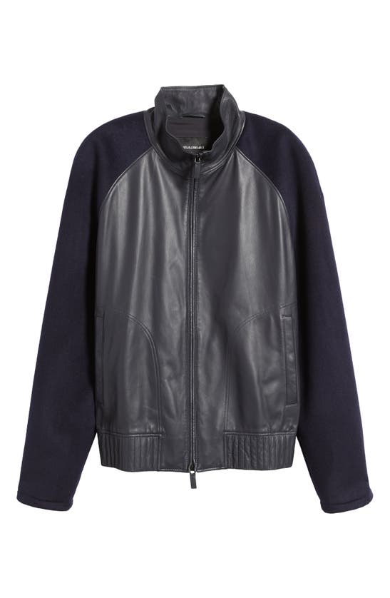Shop Emporio Armani Wool Sleeve Leather Jacket In Solid Blue Navy