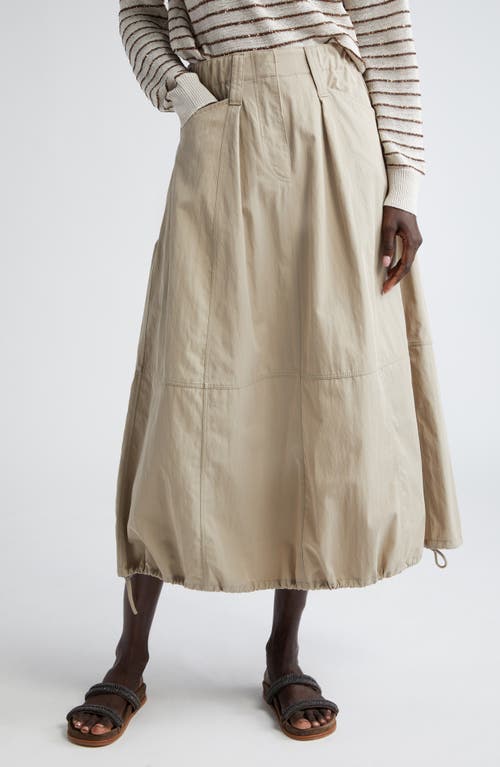 Brunello Cucinelli Monili Trim Drawstring Hem Twill Midi Skirt in Beige at Nordstrom, Size 10 Us
