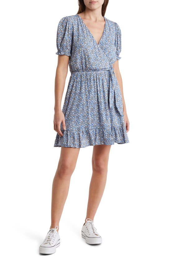 Melrose And Market Floral Faux Wrap Puff Sleeve Dress In Blue Floral Print
